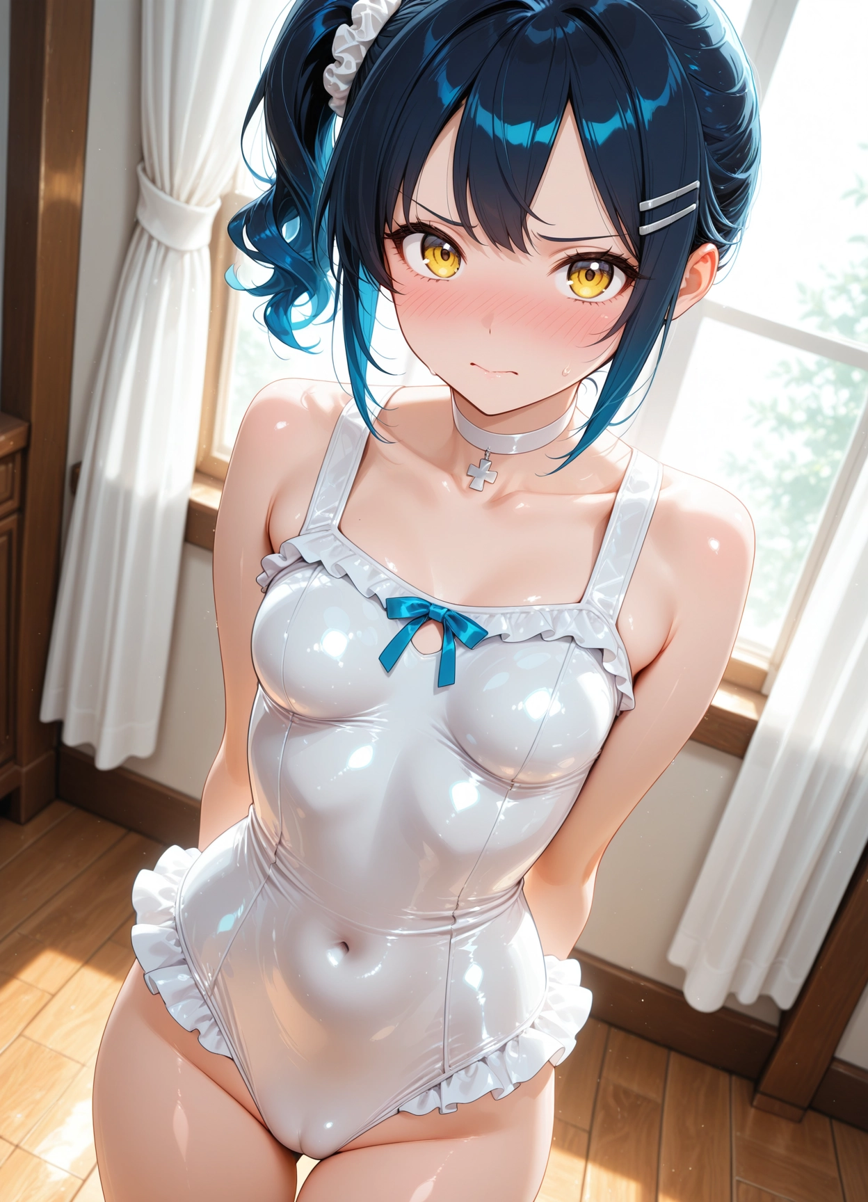 1girl, breasts, solo, hair ornament, blush, indoors · Yamete.gg