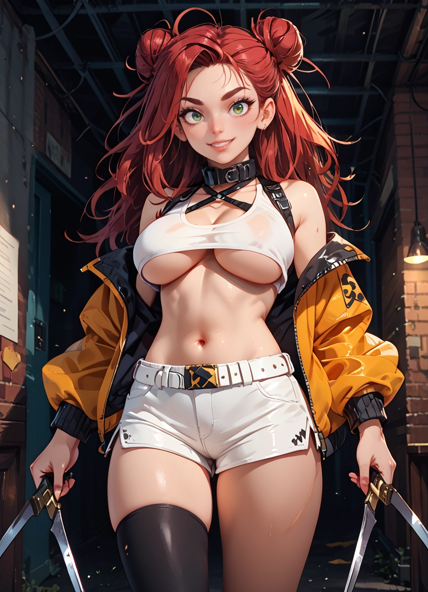 1girl, breasts, shorts, thighhighs, solo, navel · Yamete.gg