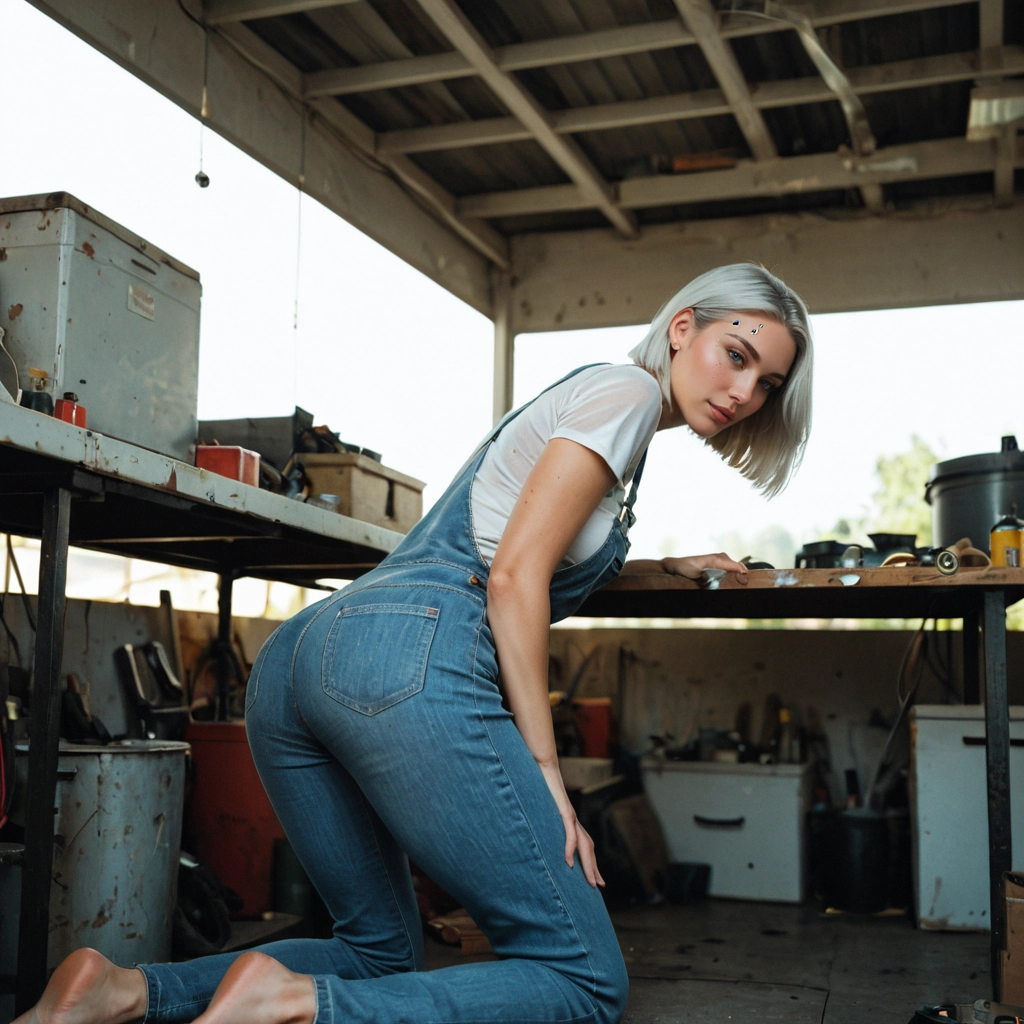 1girl, dirty, overalls, solo, denim, shirt · Yamete.gg