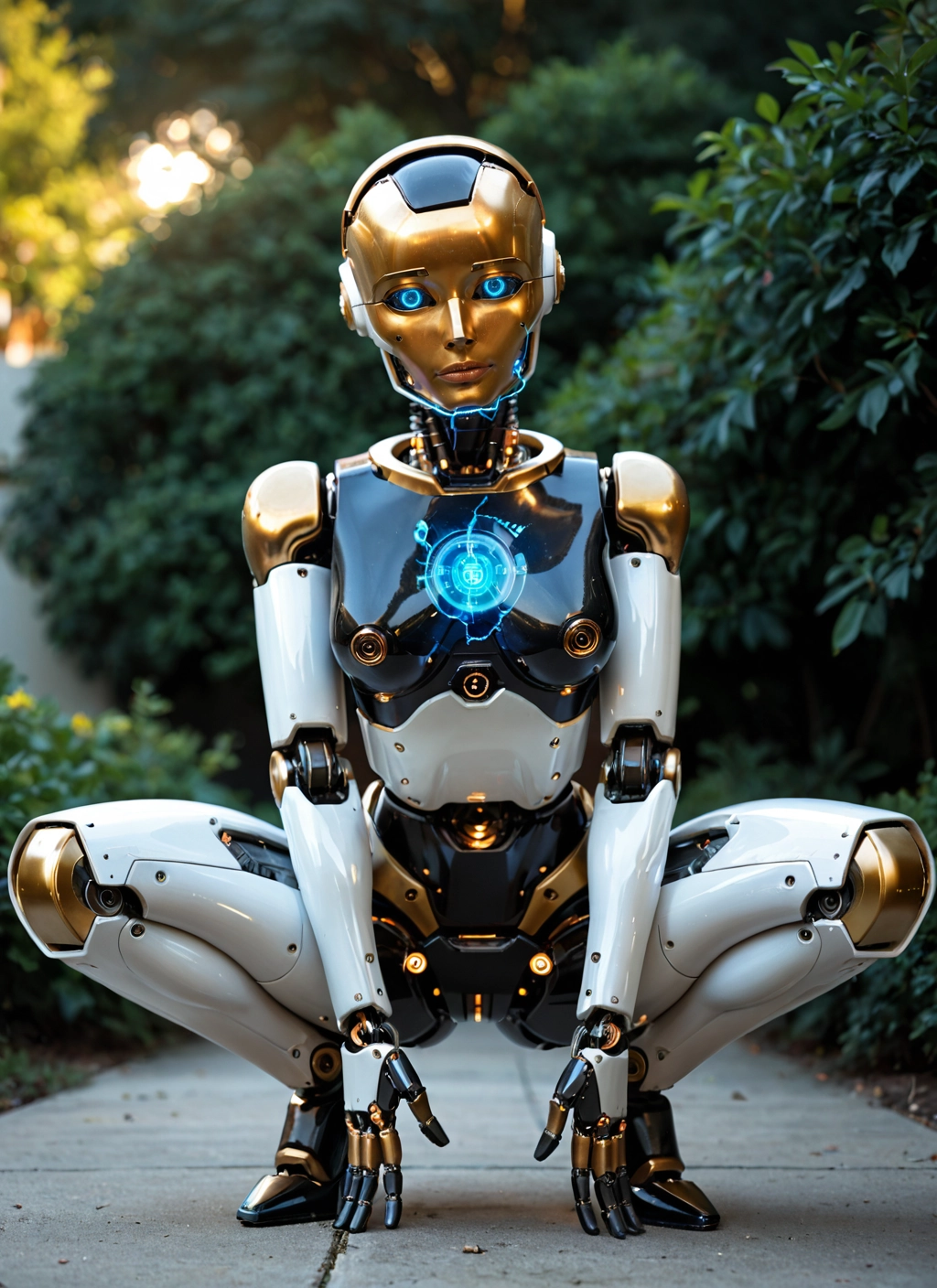 solo, 1girl, squatting, blue eyes, robot joints, humanoid robot · Yamete.gg