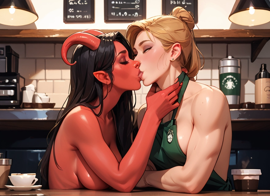 multiple girls, 2girls, yuri, horns, kiss, colored skin · Yamete.gg