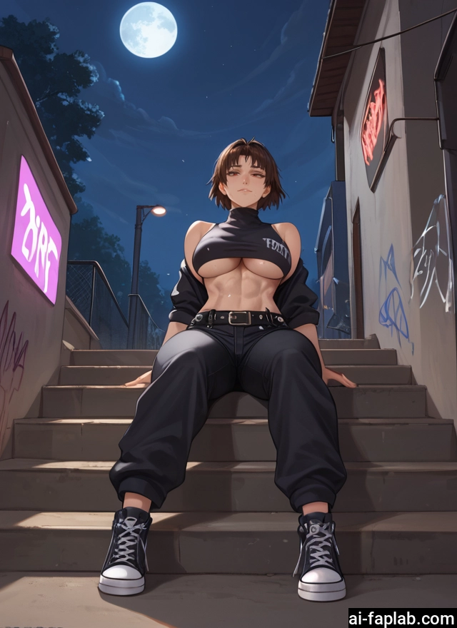 1girl, breasts, moon, brown hair, short hair, underboob · Yamete.gg