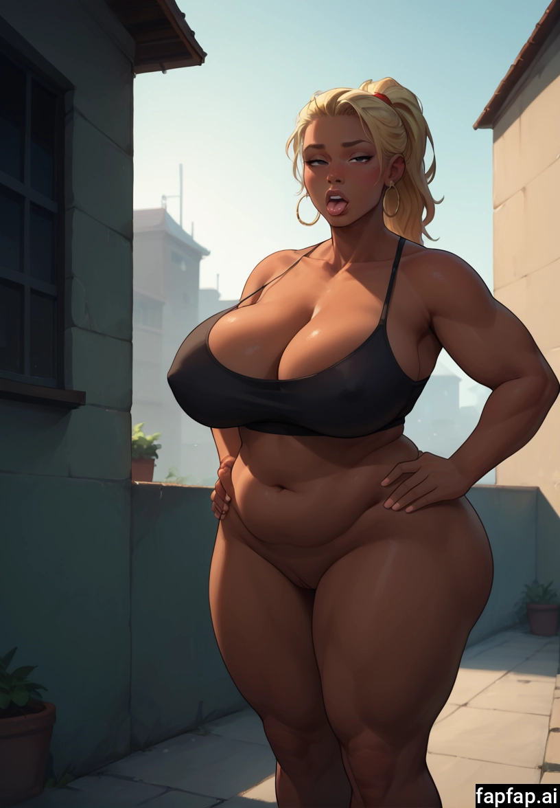 1girl, breasts, solo, blonde hair, hands on hips, thighs