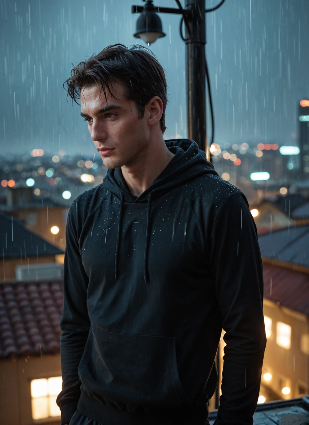 1boy, male focus, rain, solo, hood, hoodie · Yamete.gg