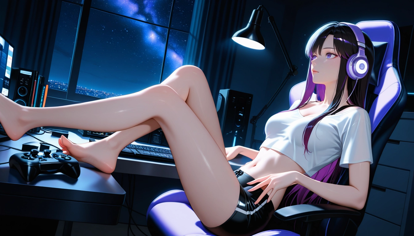 1girl, barefoot, headphones, solo, breasts, shorts · Yamete.gg