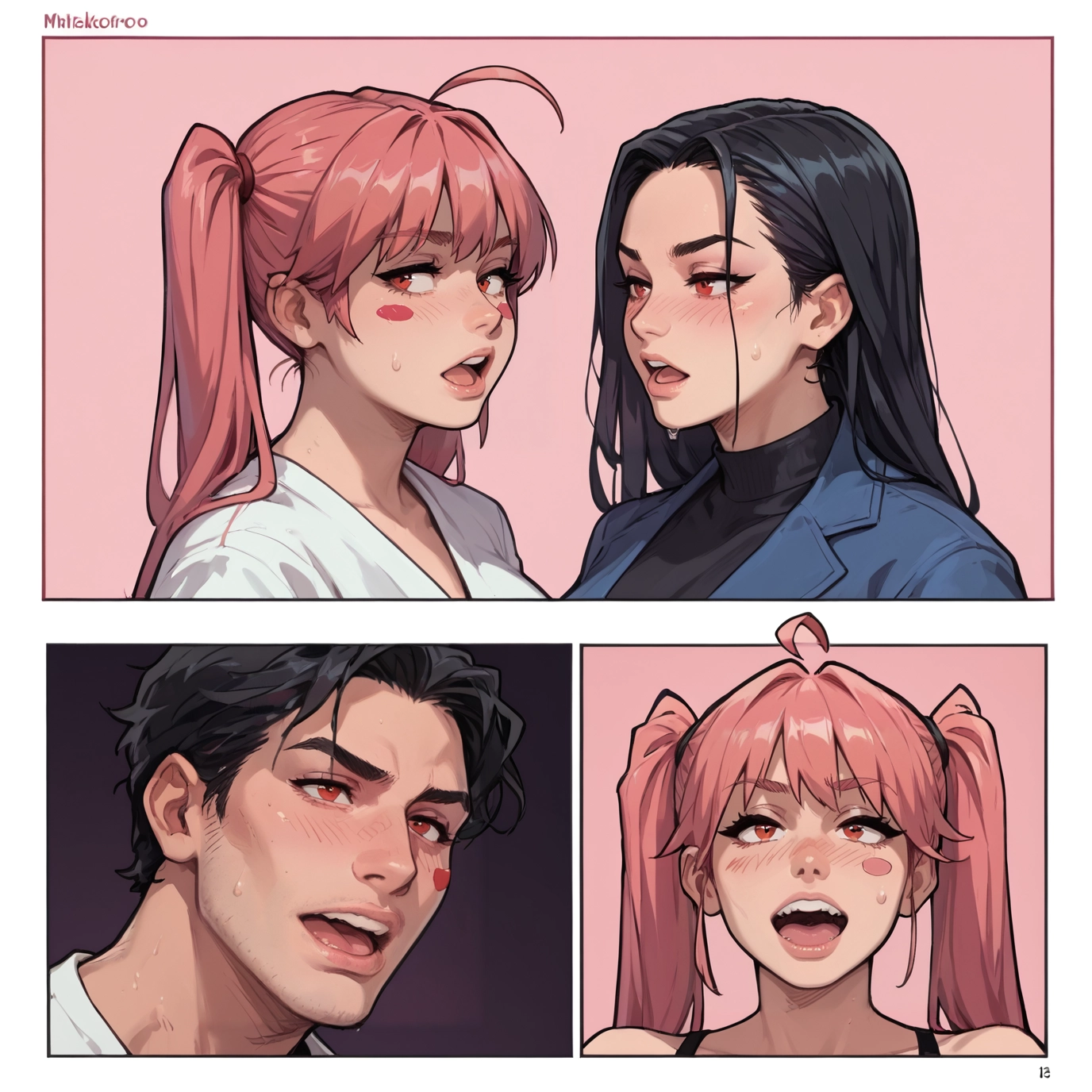 multiple girls, twintails, black hair, 1boy, pink hair, 2girls · Yamete.gg
