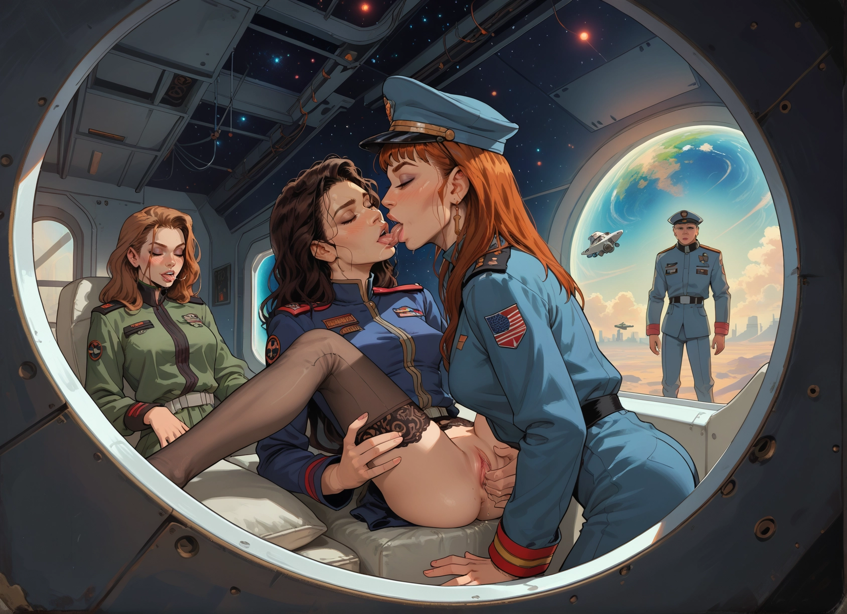 multiple girls, thighhighs, 1boy, pussy, uniform, yuri · Yamete.gg