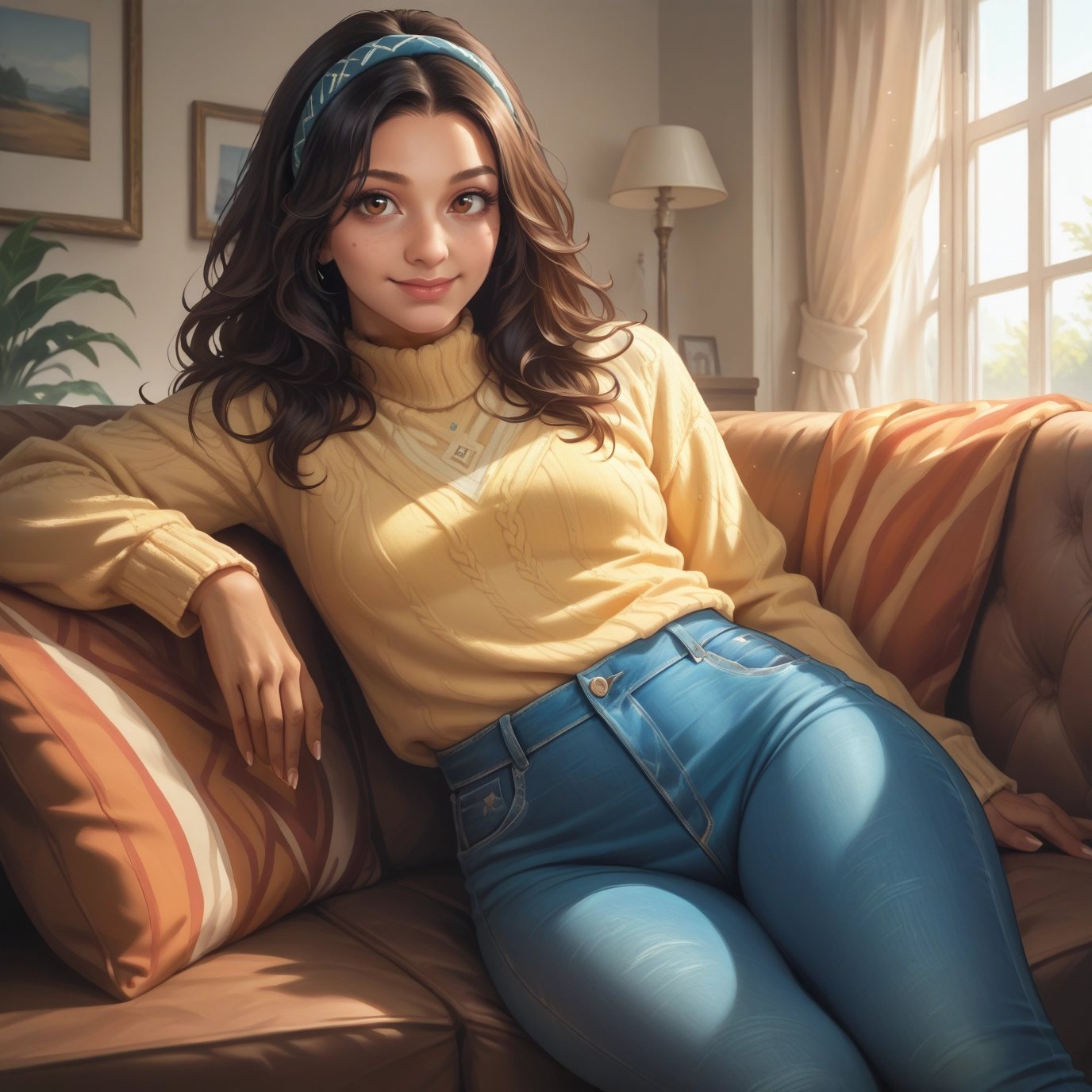 1girl, solo, brown hair, pants, sweater, brown eyes · Yamete.gg