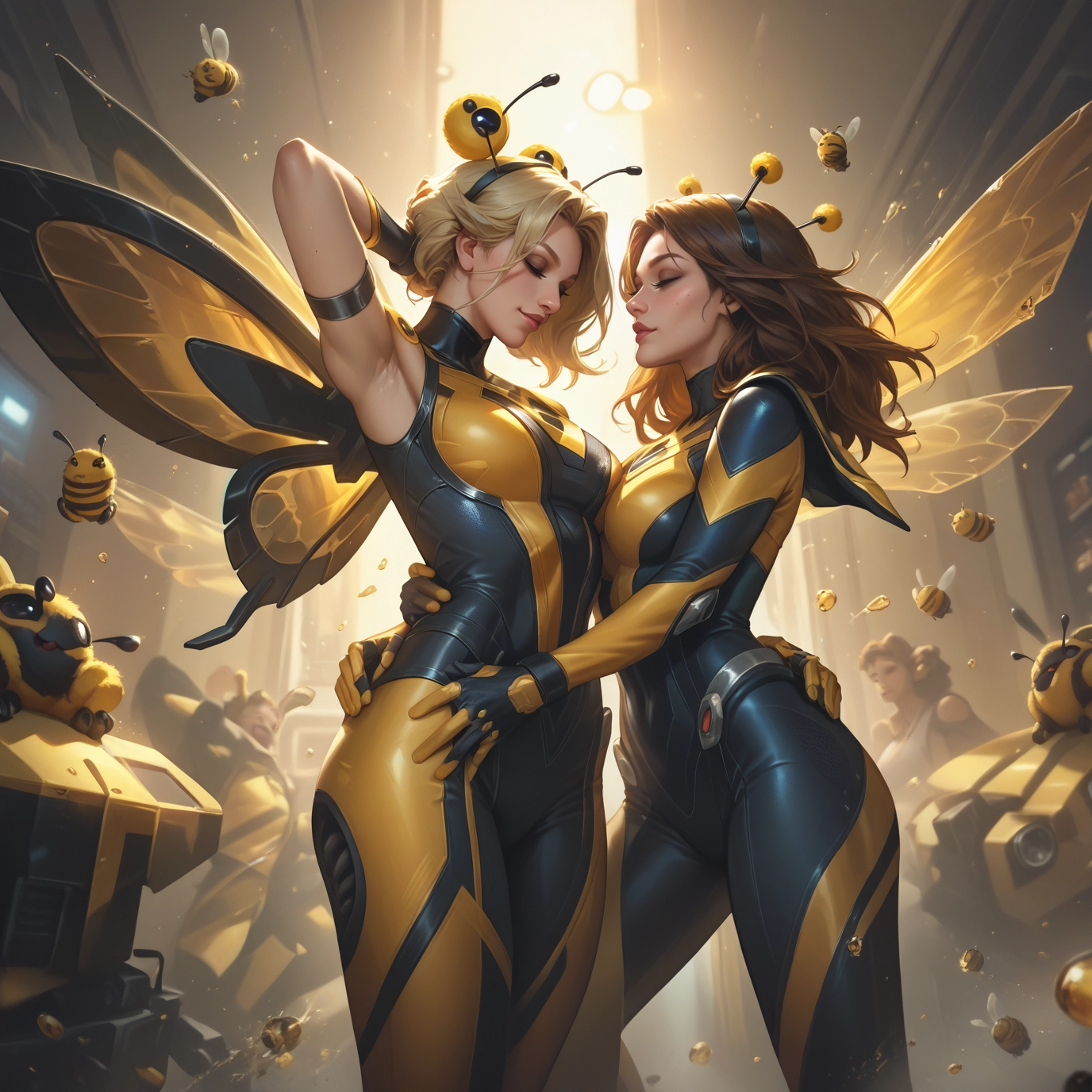 multiple girls, 2girls, wings, blonde hair, bodysuit, breasts · Yamete.gg