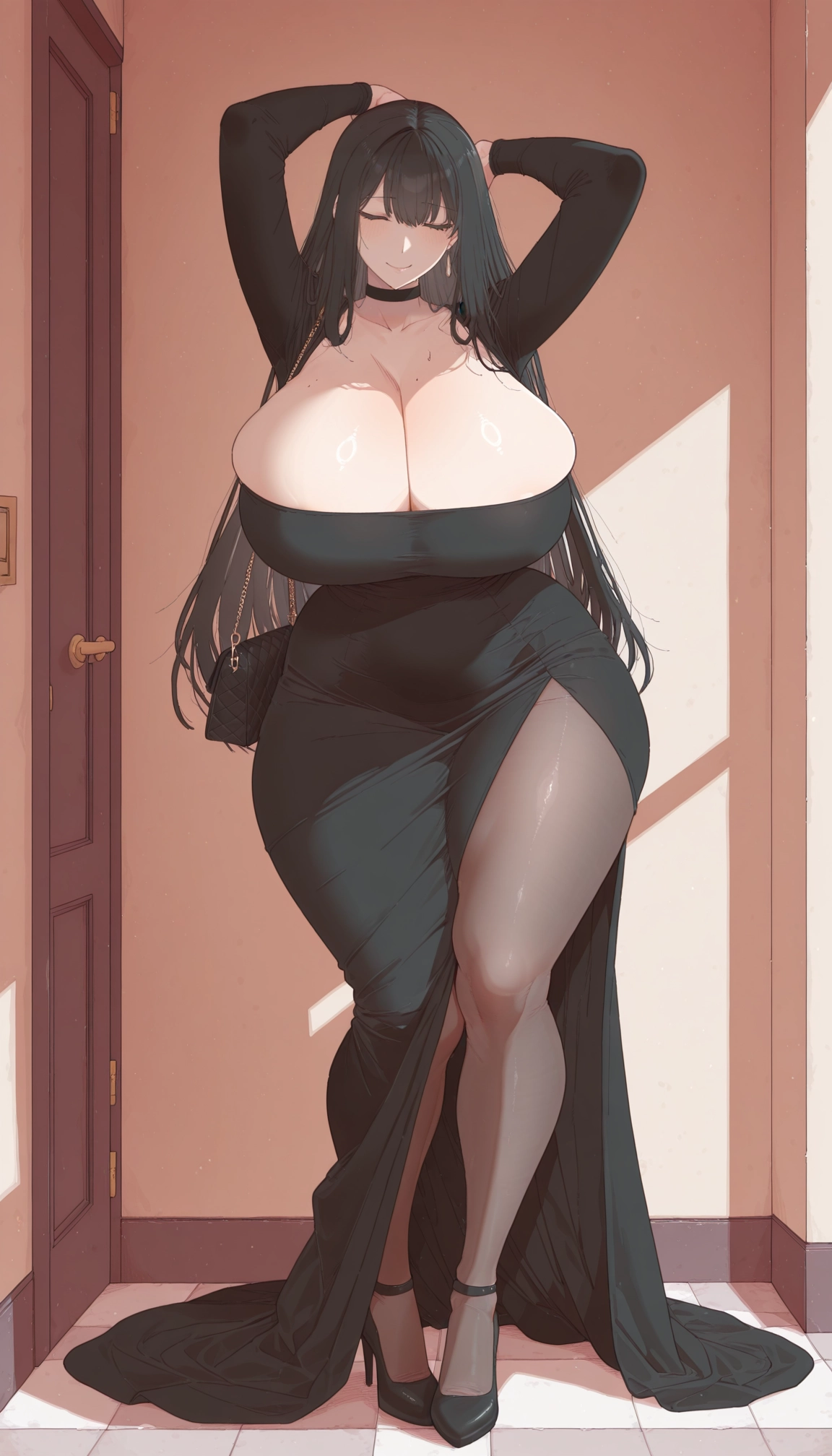1girl, breasts, dress, pantyhose, black hair, bag · Yamete.gg