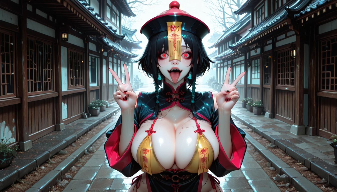 1girl, breasts, solo, jiangshi, v, red eyes · Yamete.gg