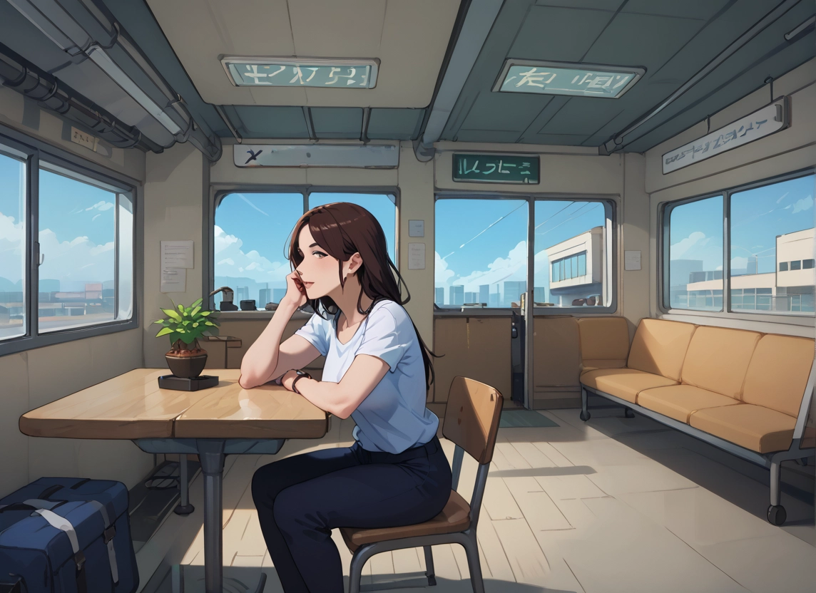 1girl, cup, sitting, solo, long hair, bag · Yamete.gg