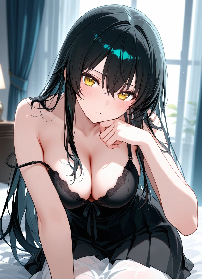 breasts, 1girl, long hair, black hair, cleavage, solo