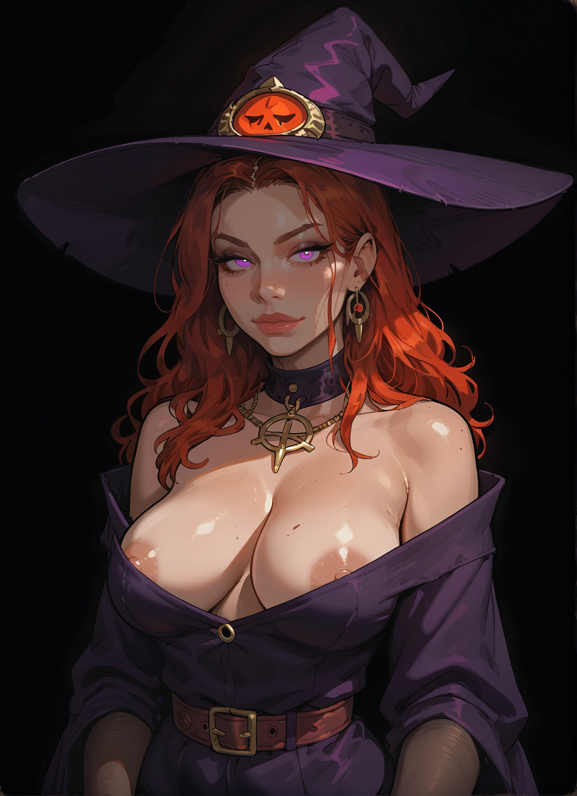 1girl, breasts, hat, witch hat, nipples, jewelry · Yamete.gg