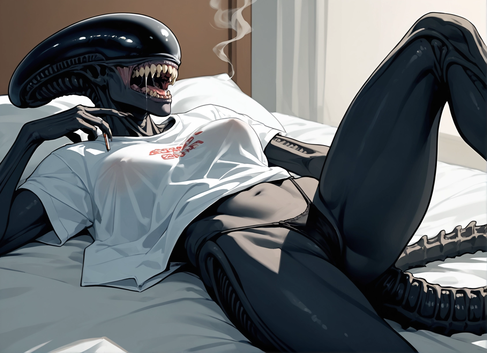 1girl, cigarette, underwear, shirt, panties, tail · Yamete.gg