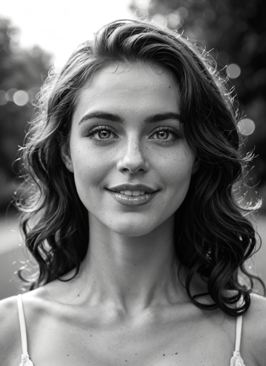 1girl, greyscale, solo, monochrome, freckles, smile · Yamete.gg
