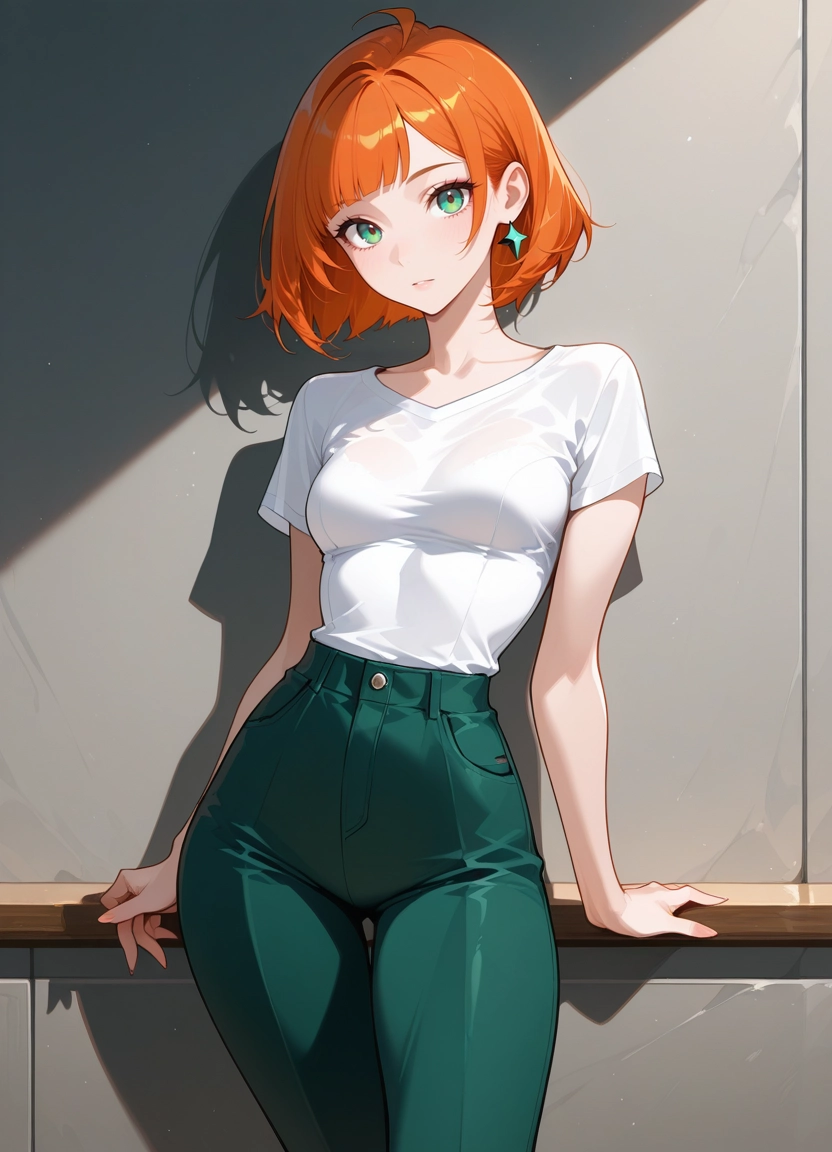 1girl, solo, jewelry, pants, earrings, shirt · Yamete.gg