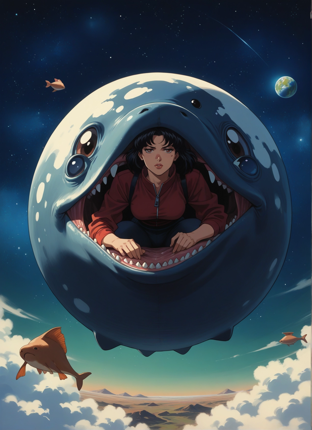 1girl, fish, planet, black hair, sky, star (sky) · Yamete.gg