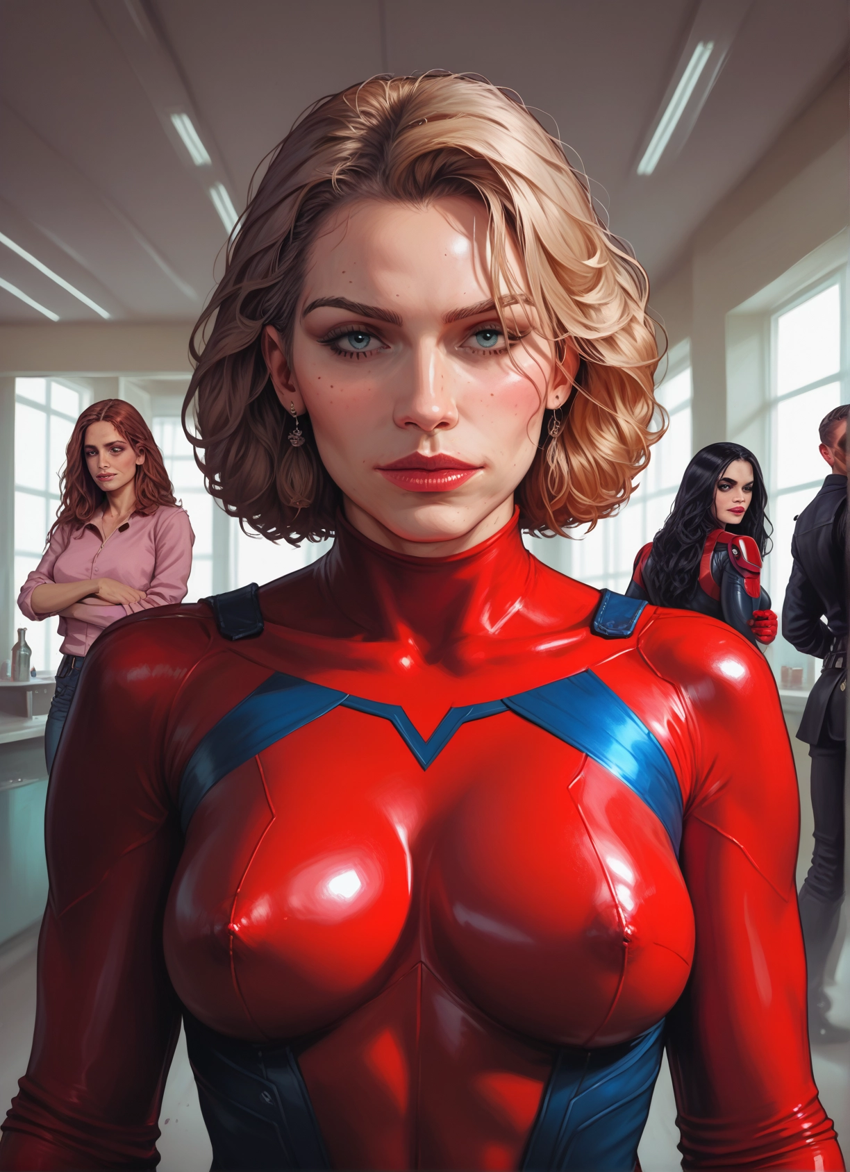 multiple girls, jewelry, freckles, earrings, bodysuit, breasts · Yamete.gg