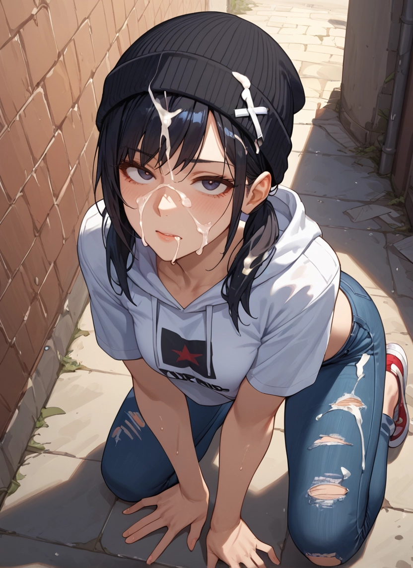 1girl, solo, hat, facial, cum, black hair · Yamete.gg
