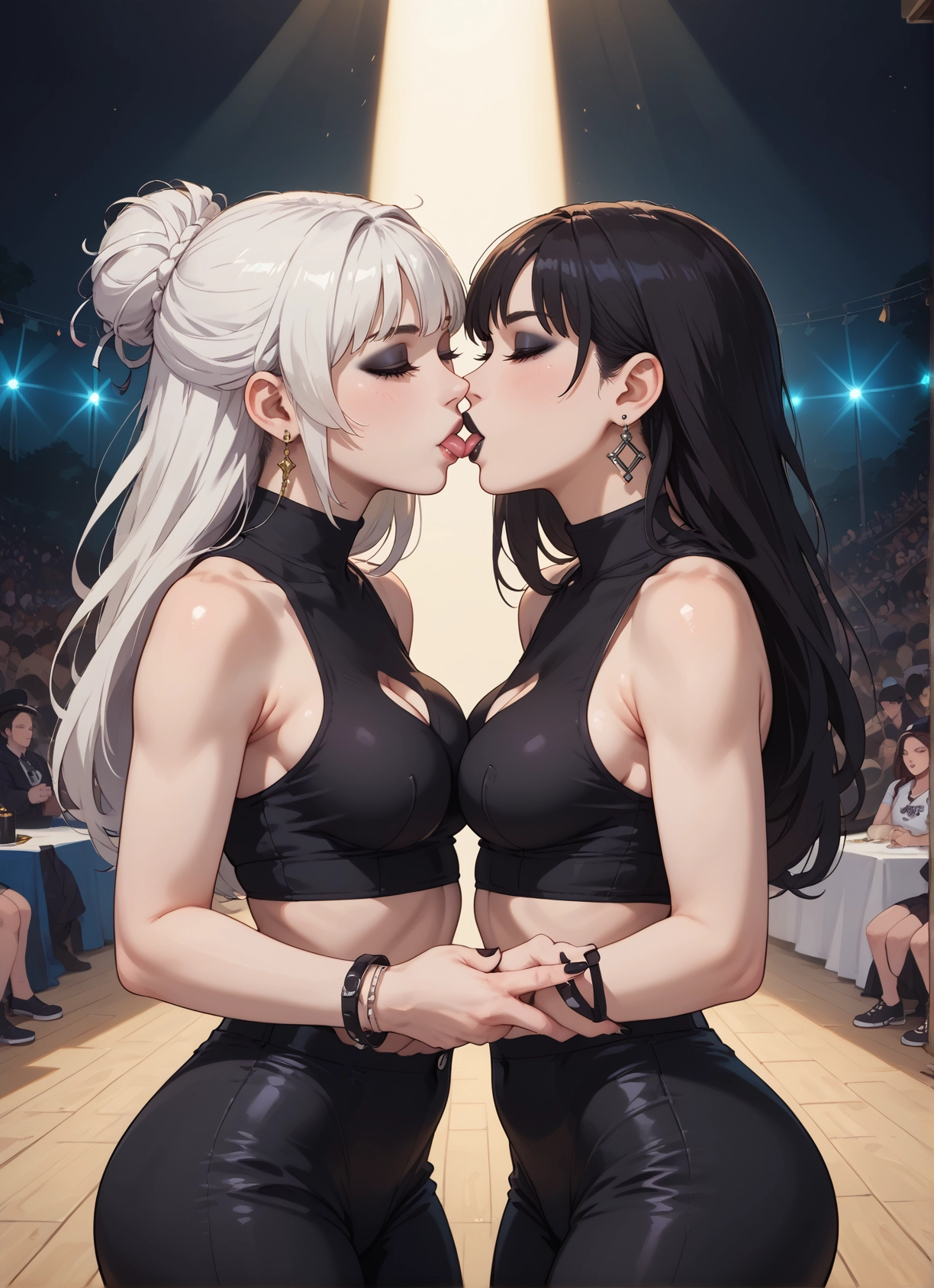 multiple girls, breasts, jewelry, kiss, earrings, closed eyes · Yamete.gg