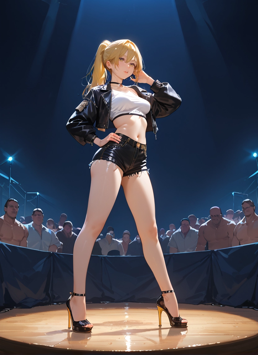 blonde hair, 1girl, shorts, navel, high heels, jacket · Yamete.gg