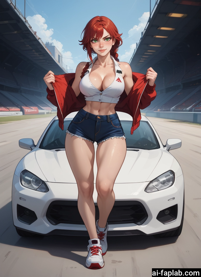 1girl, breasts, shorts, green eyes, motor vehicle, ground vehicle · Yamete.gg