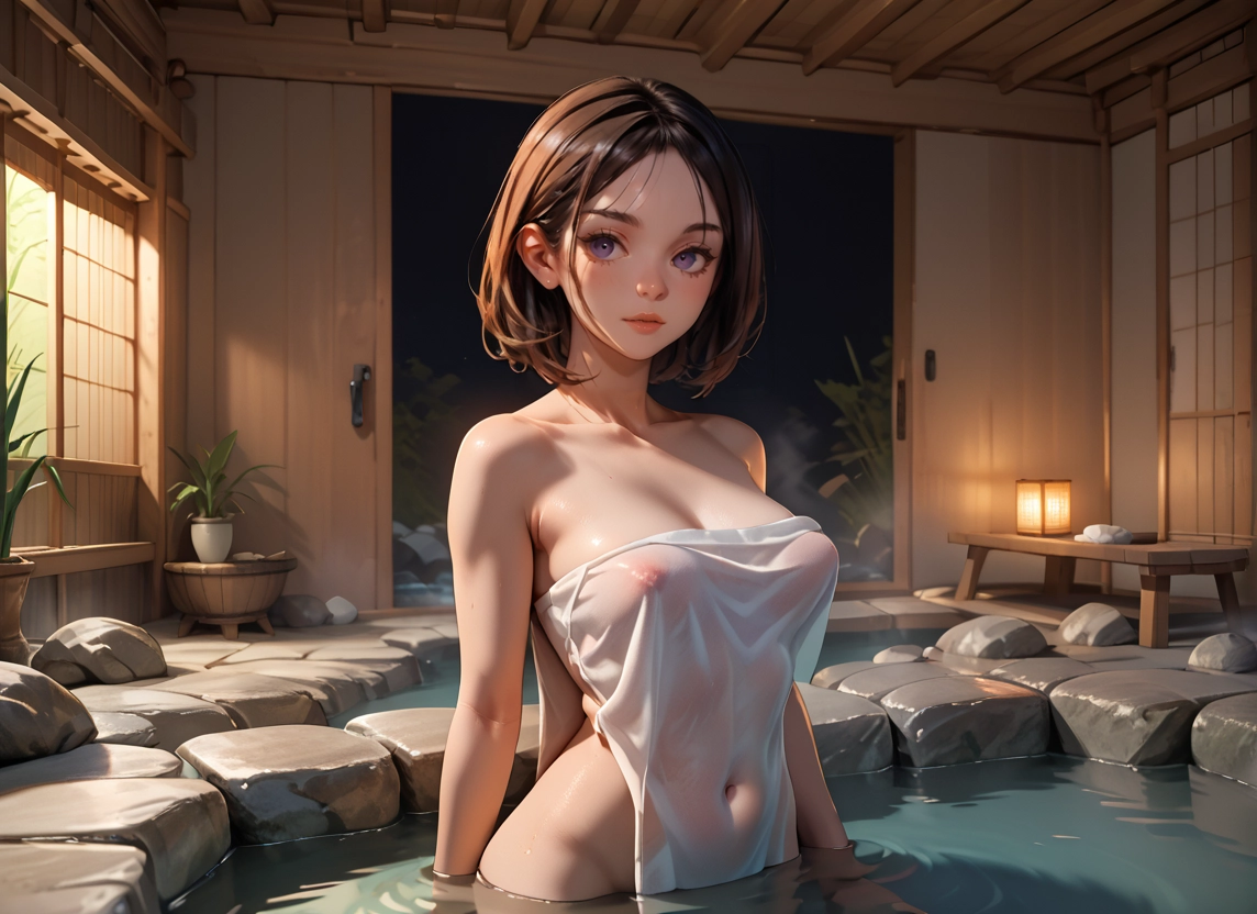 1girl, breasts, solo, towel, onsen, covering · Yamete.gg