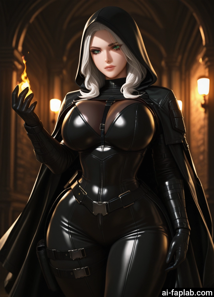 1girl, breasts, bodysuit, hood, large breasts, solo