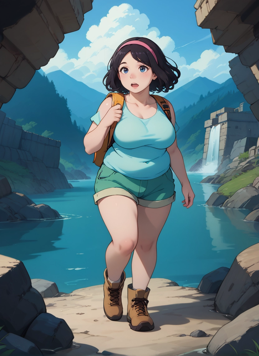 1girl, breasts, backpack, shorts, solo, bag