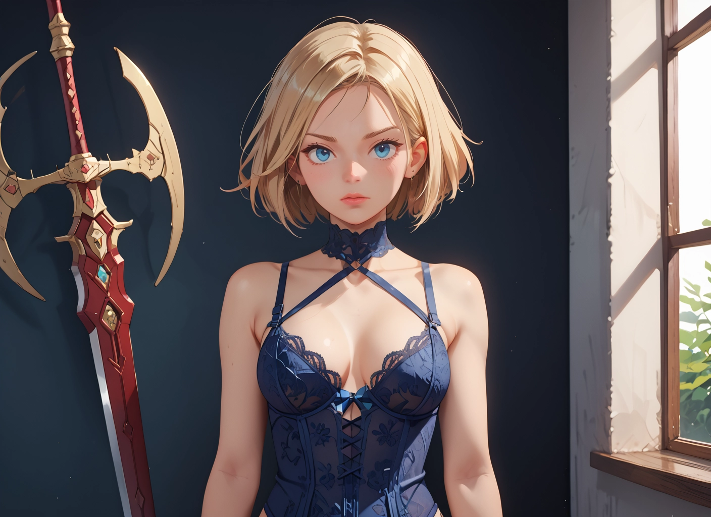 1girl, breasts, solo, weapon, blue eyes, blonde hair · Yamete.gg