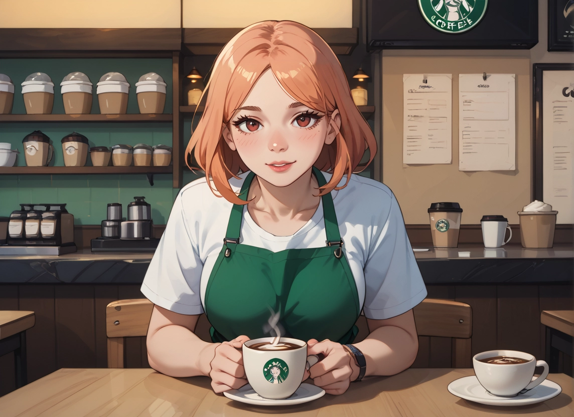 1girl, cafe, coffee, cup, shirt, looking at viewer · Yamete.gg
