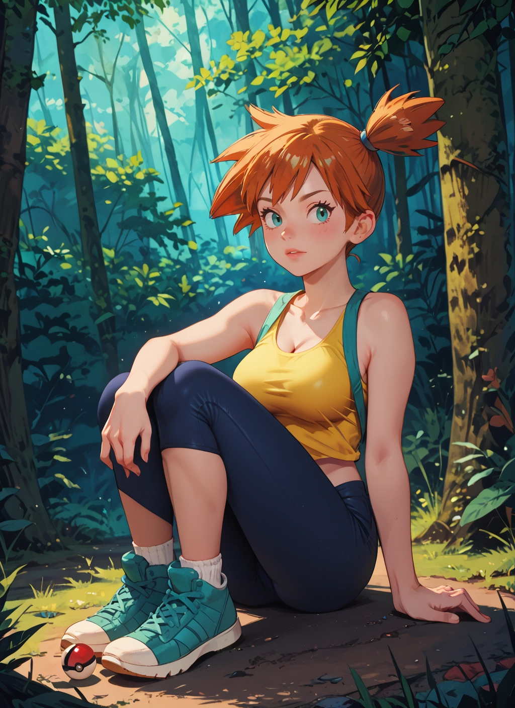 1girl, breasts, solo, orange hair, shoes, sitting