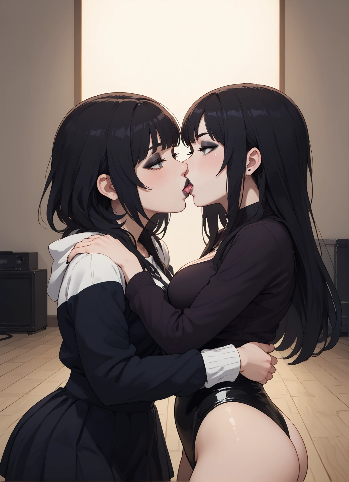 multiple girls, 2girls, yuri, black hair, kiss, breasts · Yamete.gg