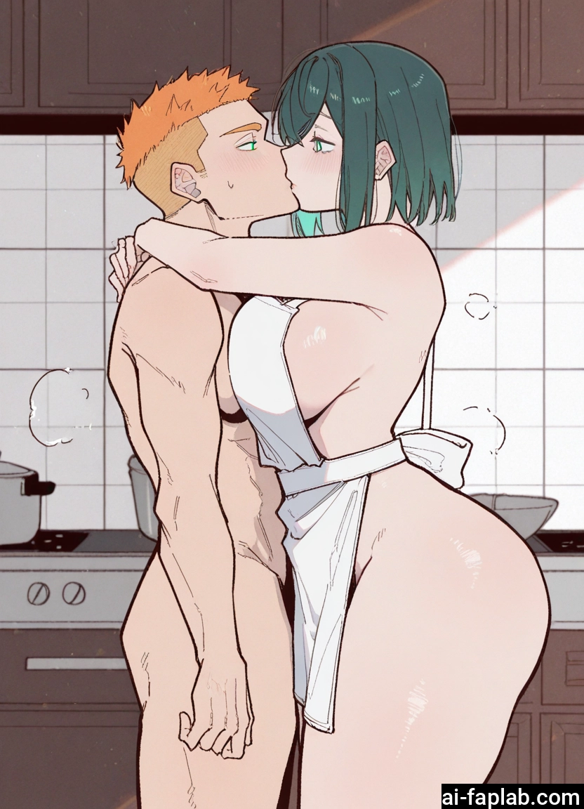 1girl, 1boy, breasts, apron, naked apron, kiss