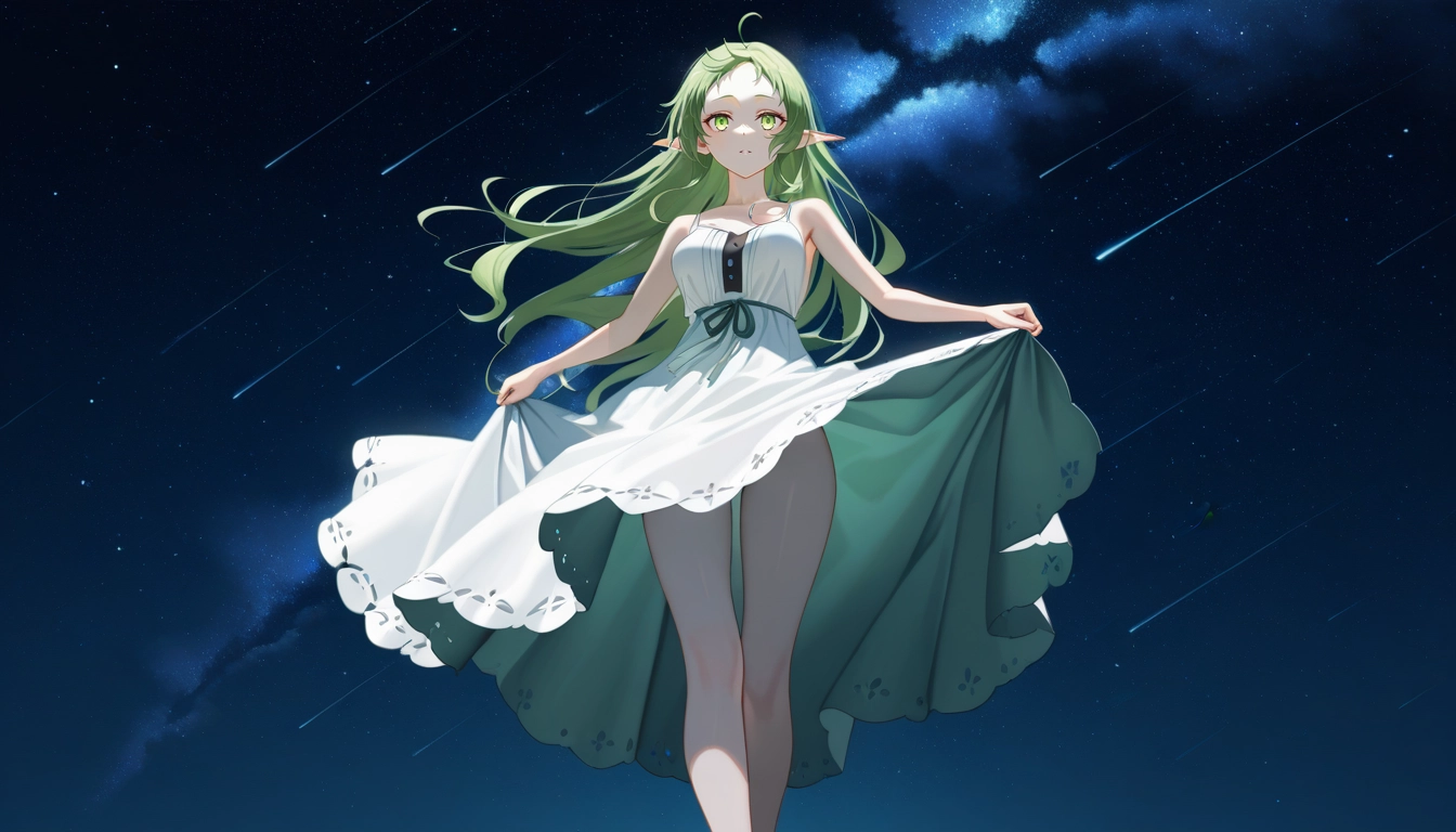 1girl, solo, dress, pointy ears, green hair, sky · Yamete.gg
