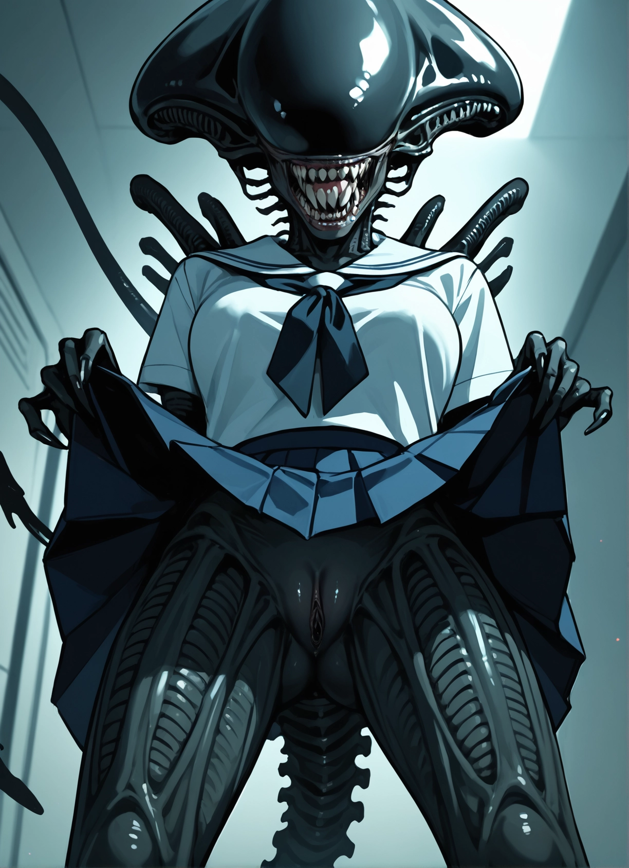 skirt, 1girl, pussy, school uniform, clothes lift, skirt lift · Yamete.gg