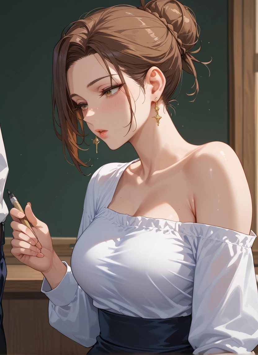 breasts, 1girl, jewelry, earrings, skirt, brown hair · Yamete.gg