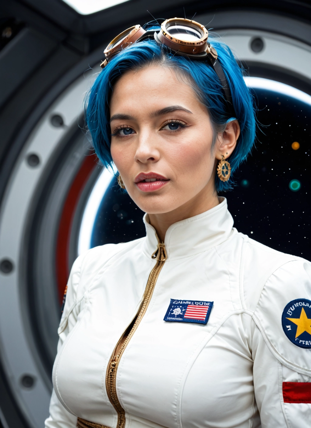 1girl, solo, jewelry, blue hair, earrings, goggles · Yamete.gg