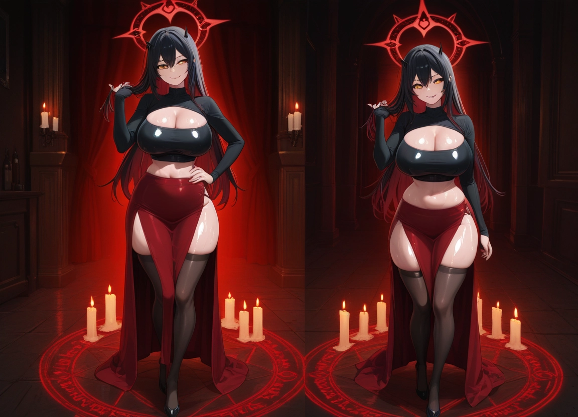 breasts, thighhighs, 1girl, black hair, cleavage, long hair · Yamete.gg