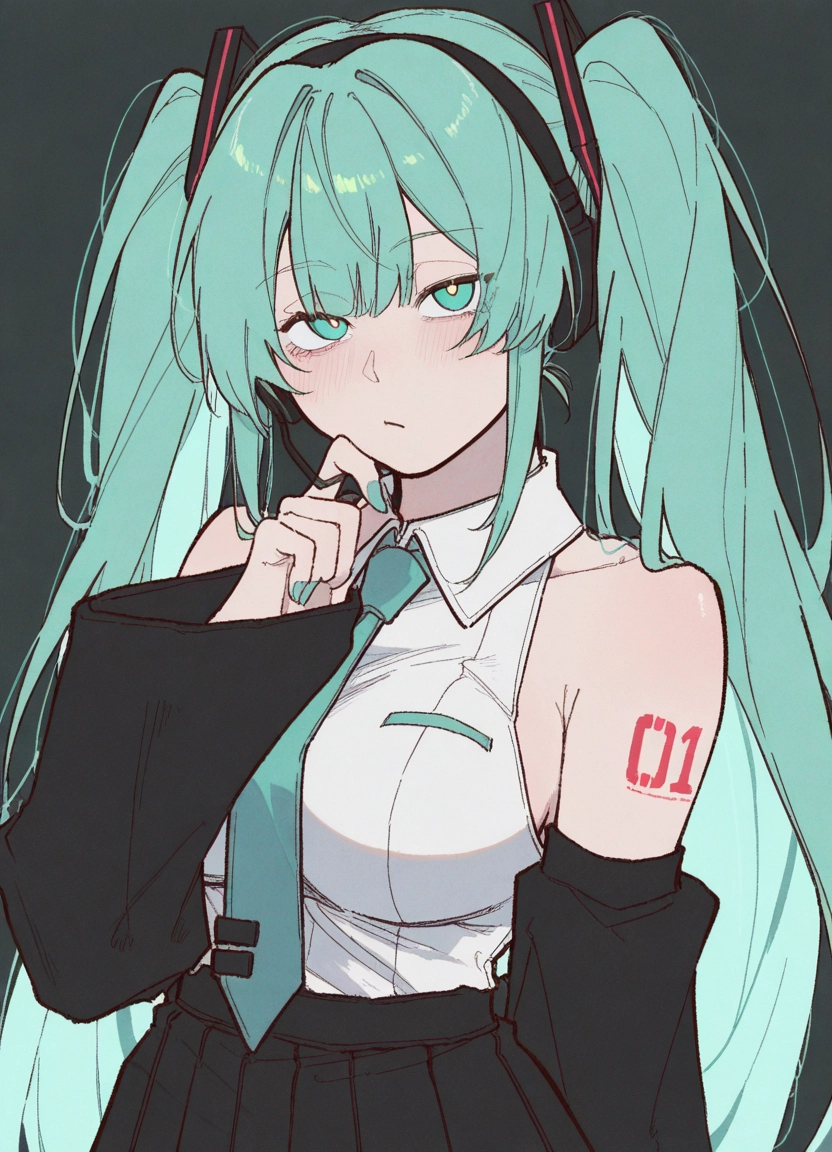 1girl, solo, long hair, twintails, detached sleeves, necktie · Yamete.gg
