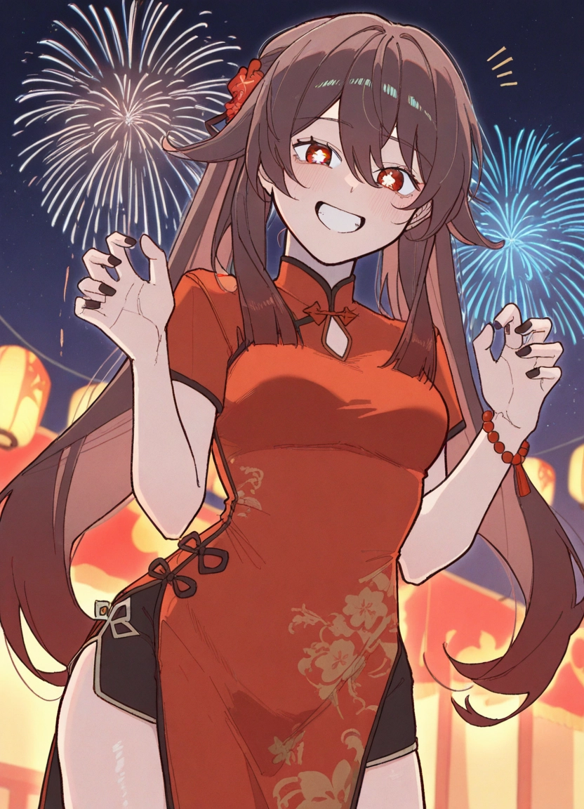 1girl, chinese clothes, smile, dress, fireworks, china dress · Yamete.gg