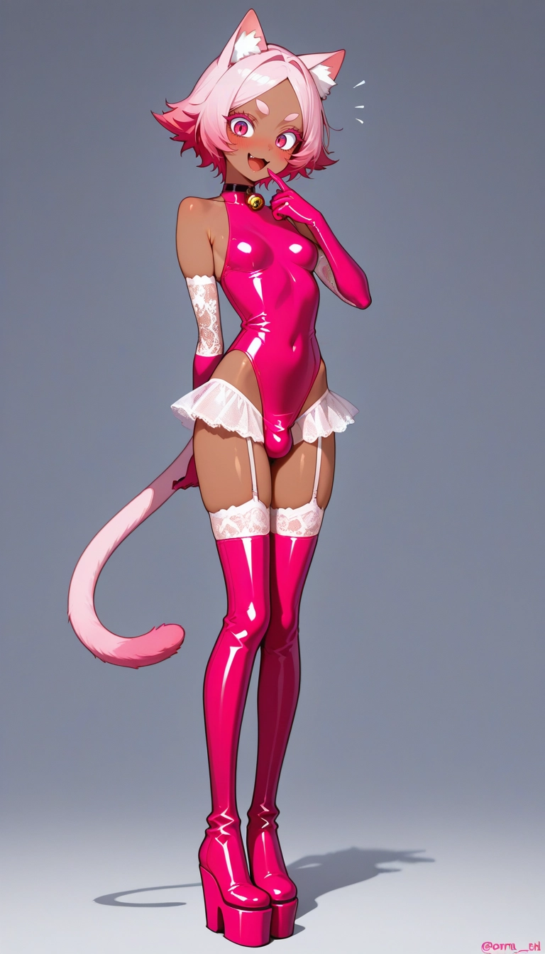dark skin, pink hair, animal ears, tail, solo, gloves · Yamete.gg