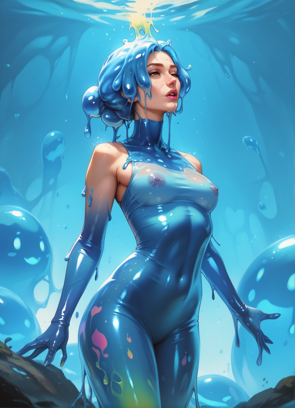 1girl, breasts, solo, see-through, bodysuit, slime girl · Yamete.gg