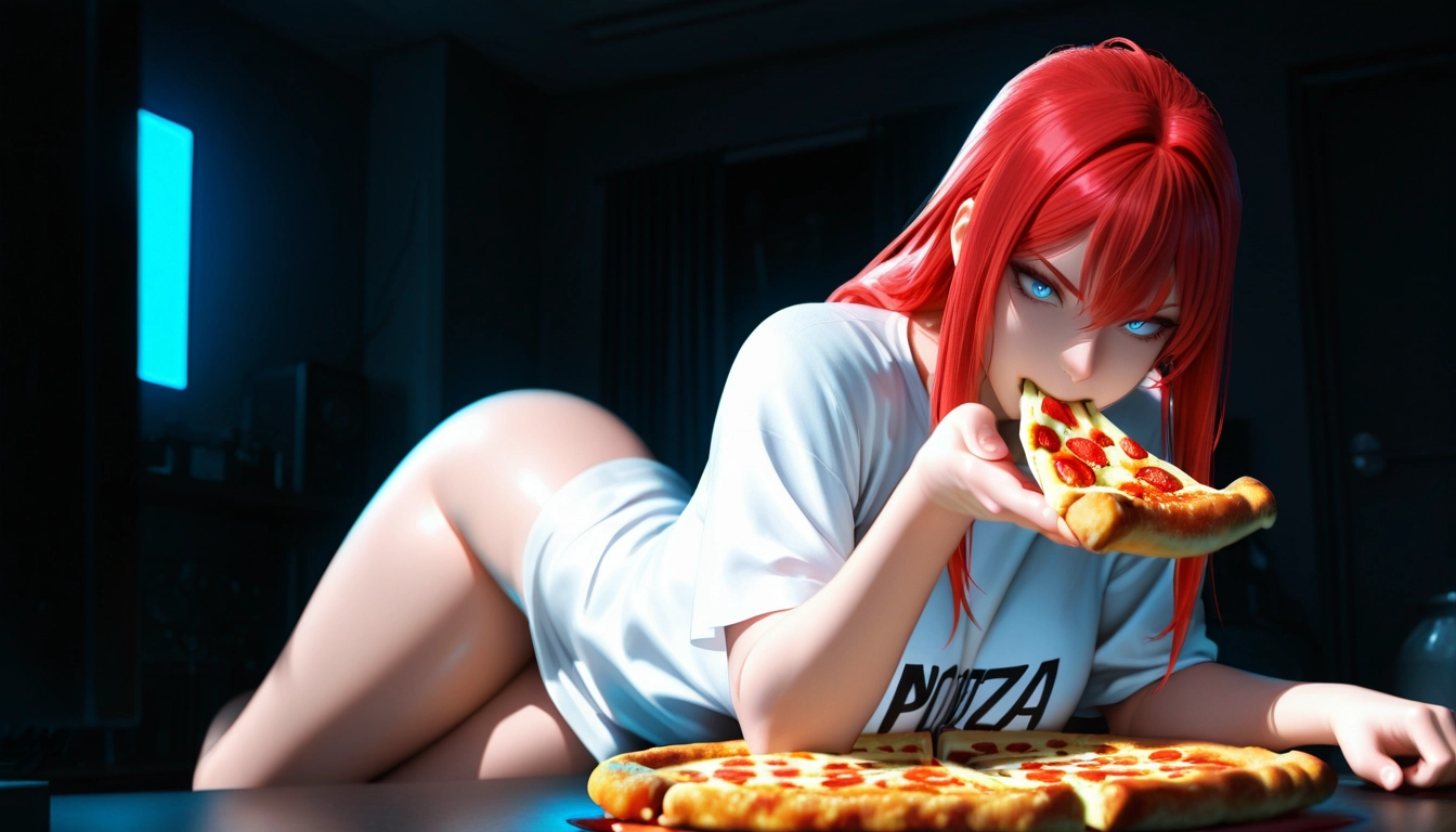1girl, red hair, food, solo, shirt, blue eyes · Yamete.gg