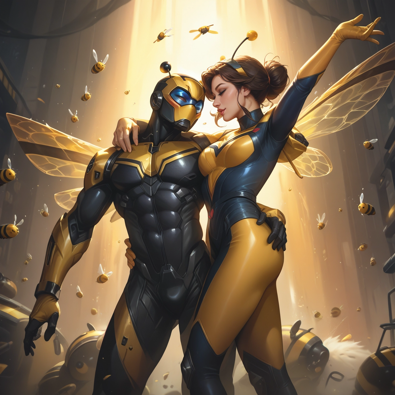 1girl, brown hair, wings, bodysuit, 1boy, breasts · Yamete.gg