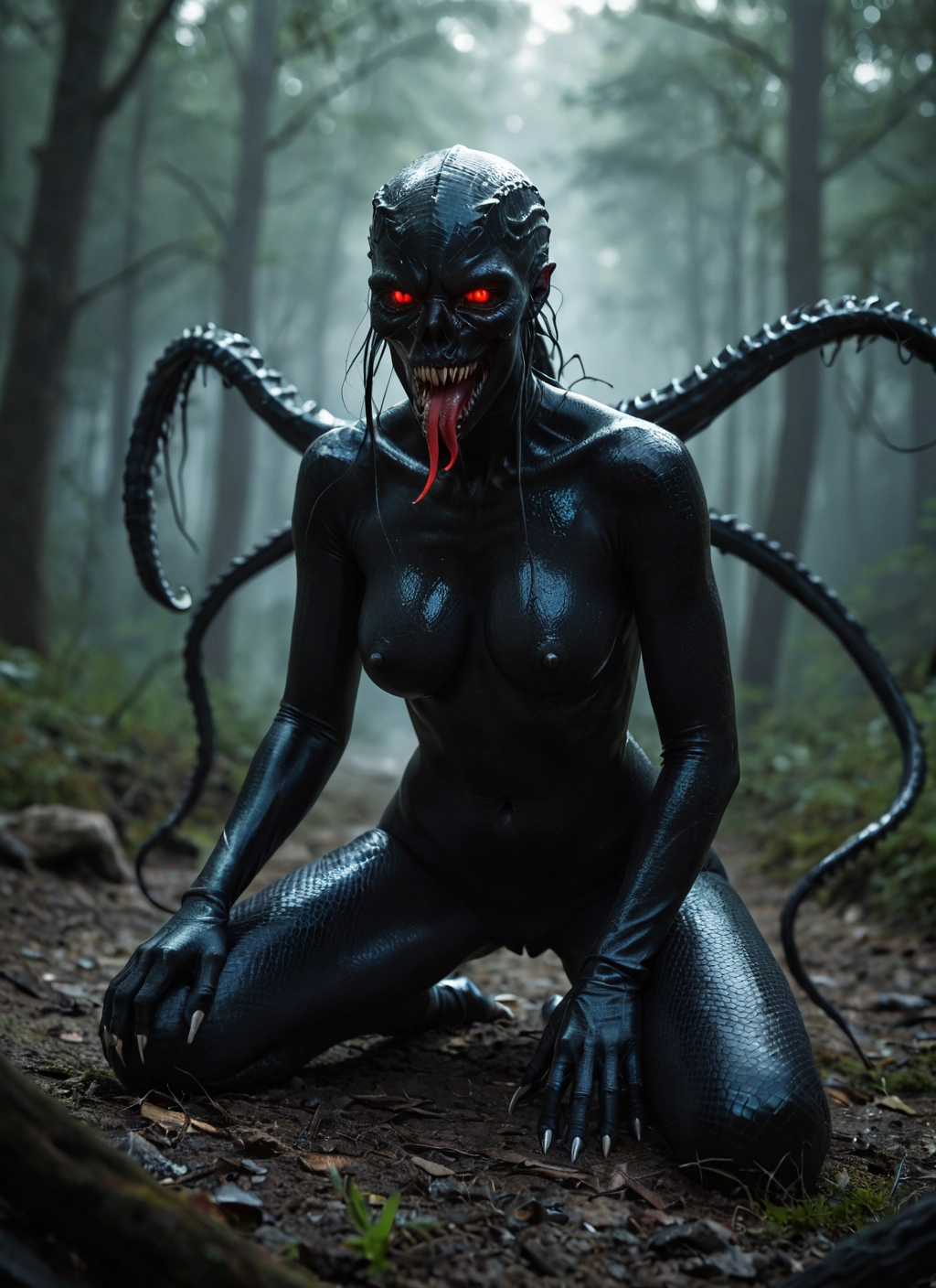 1girl, breasts, tongue, solo, red eyes, tongue out · Yamete.gg
