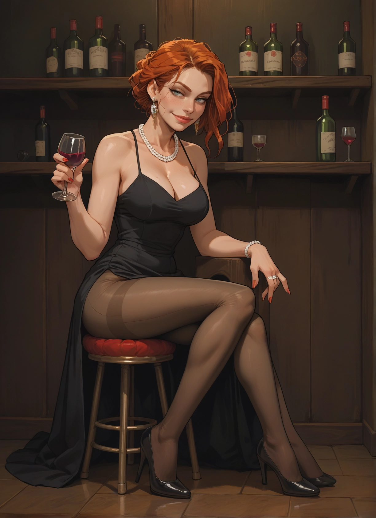 1girl, breasts, pantyhose, jewelry, dress, cup · Yamete.gg