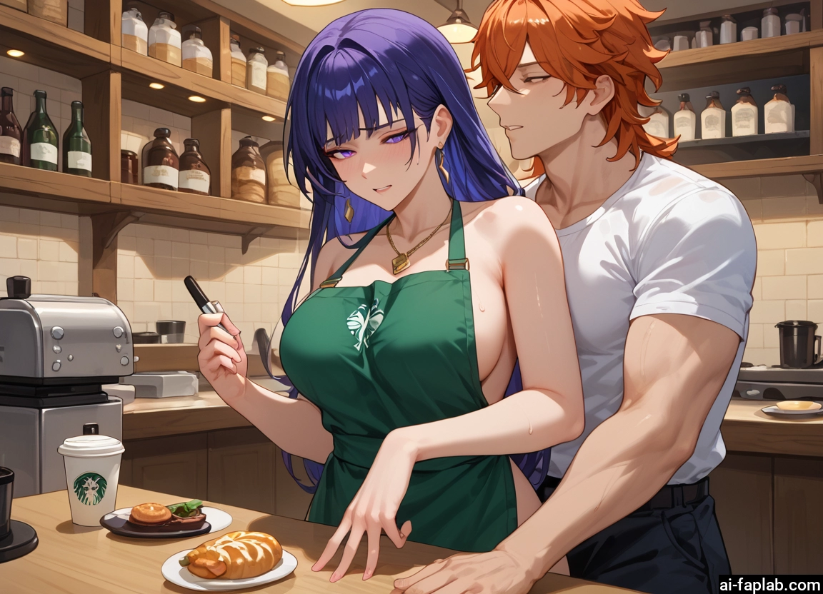 1girl, 1boy, breasts, apron, jewelry, earrings · Yamete.gg