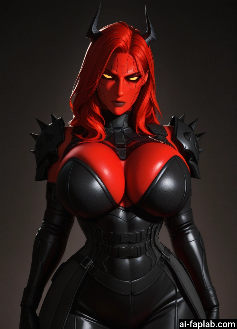 1girl, breasts, red hair, horns, solo, colored skin